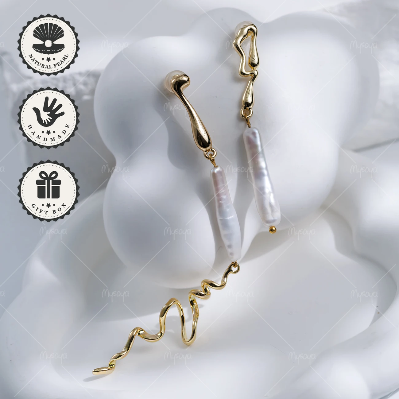 

Серьги MYSOYA с жемчугом в стиле барокко, 4-6 мм*25-28 мм, с эффектом сияния и золотистой асимметричной лентой в форме волны, на день рождения, День святого Валентина