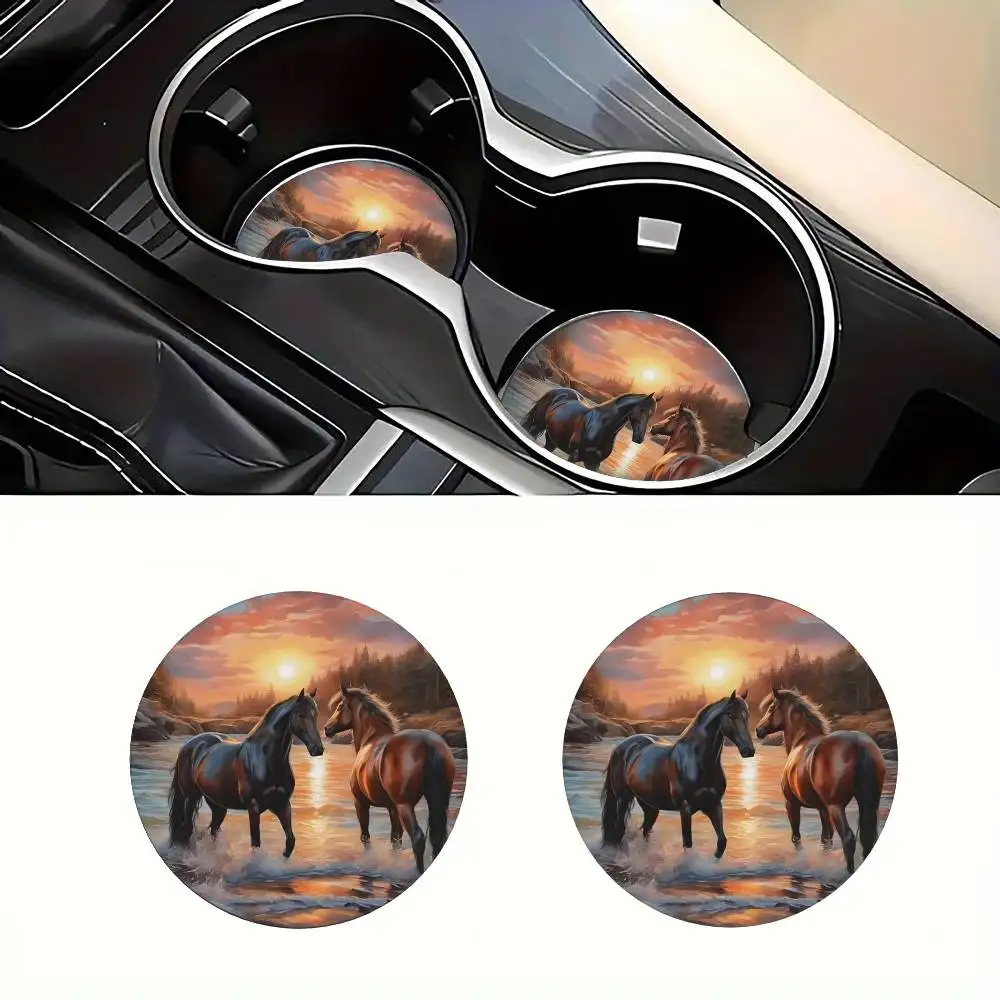 Sunset Riverside Horses EVA Car Coasters 2pcs. Unisex Car Accessories Holiday Gifts For Friends And Family.