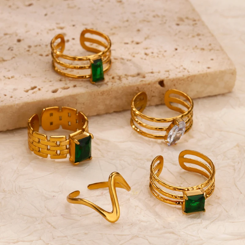 Green Square Zircon Watch Strap Rings for Women Stainless Steel Gold Color Multi Layer Adjustable Ring Aesthetic Wedding Jewelry
