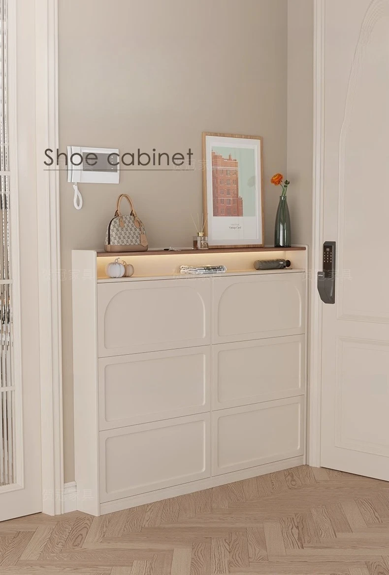 Cream wind all solid wood tipping bucket ultra-thin wooden cabinet integrated against the wall, very narrow and large capacity