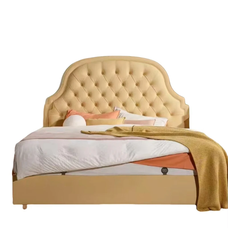 Vintage button-down tufted leather double bed with birch slat base, modern minimalist bedroom flat edge bed