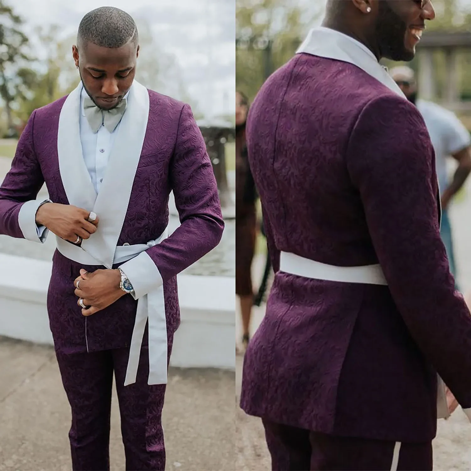 

Noble Purple Floral Pattern Men Wedding Tuxedos Classic Fit Shawl Lapel Groom Prom Party Formal Outfit Two Pieces (Jacket+Pants)