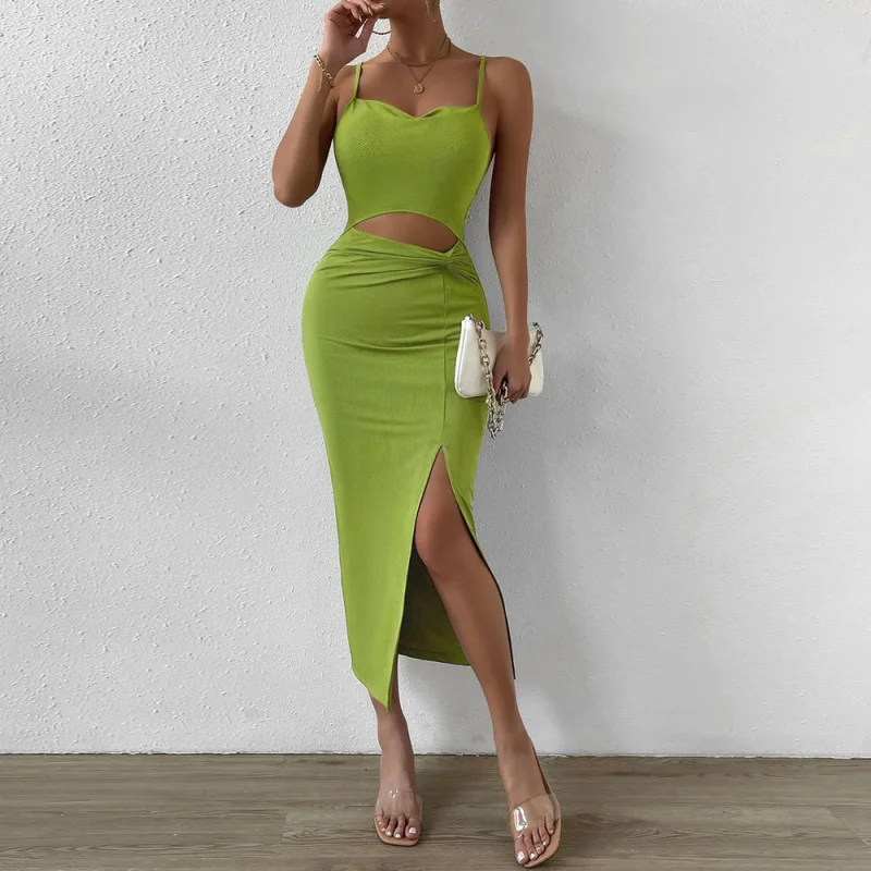 

YQ1-Women's New Hollow Out Slit Waist-Cinching Bodycon Knitted Strap Sexy Dress In Stock