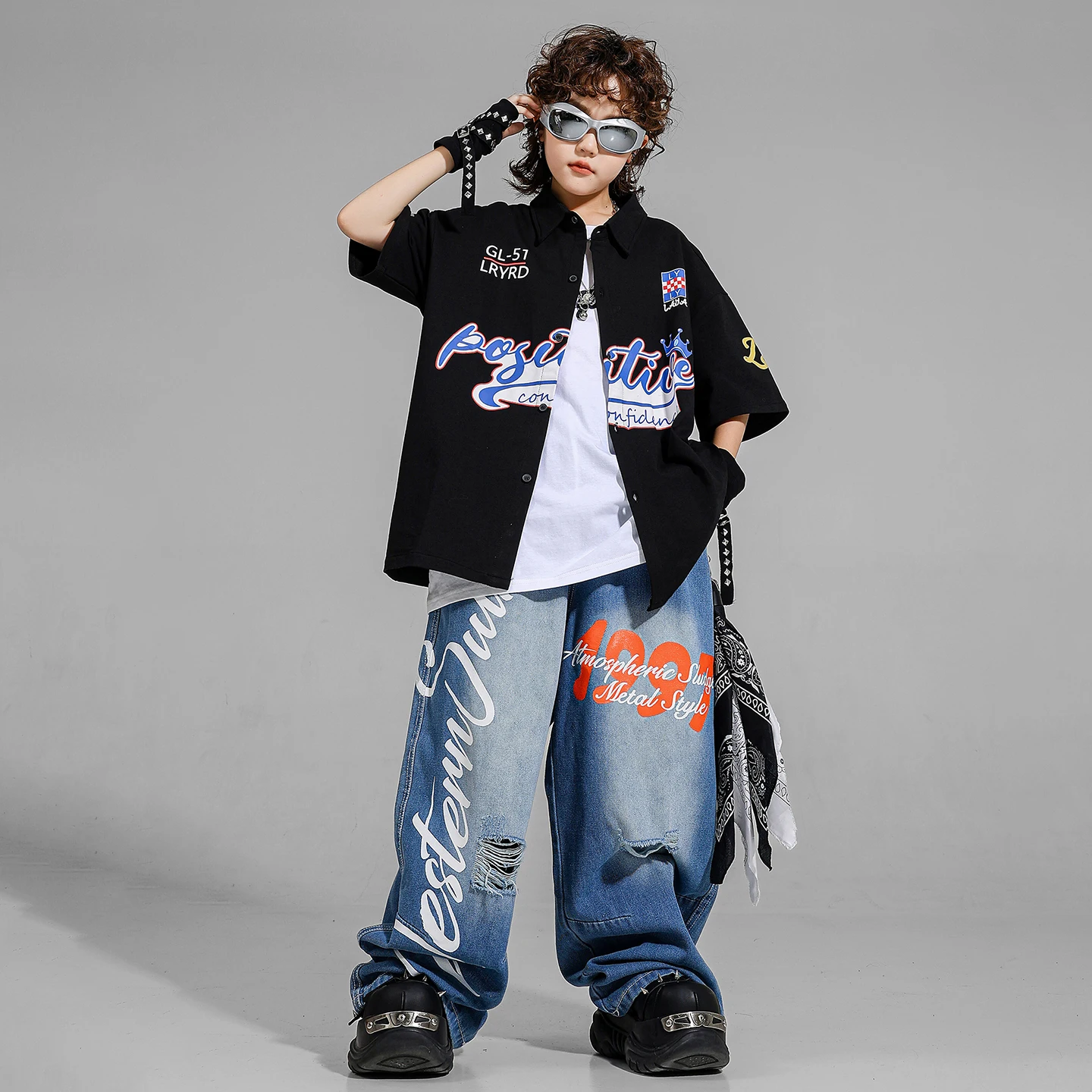 Trajes de Hip Hop para niños, camisa negra holgada, pantalones vaqueros de baile callejero, ropa de calle k-pop para niñas y niños, trajes de baile para niños