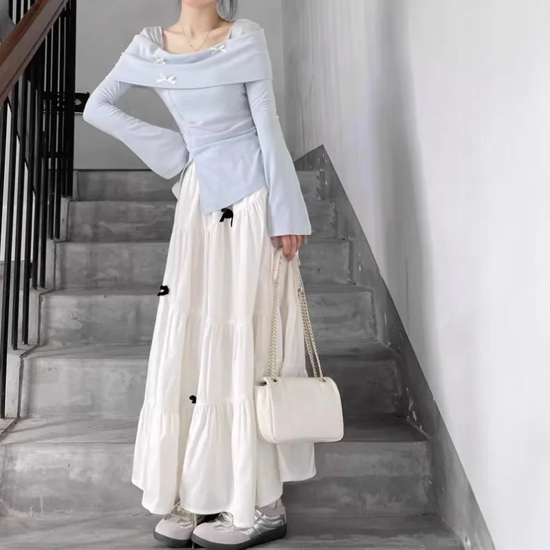 

A Complete Set of Autumn Gentle Korean-style Outfits: Blue Dress for Women, 2025 New Style Elegant Long Dress Set