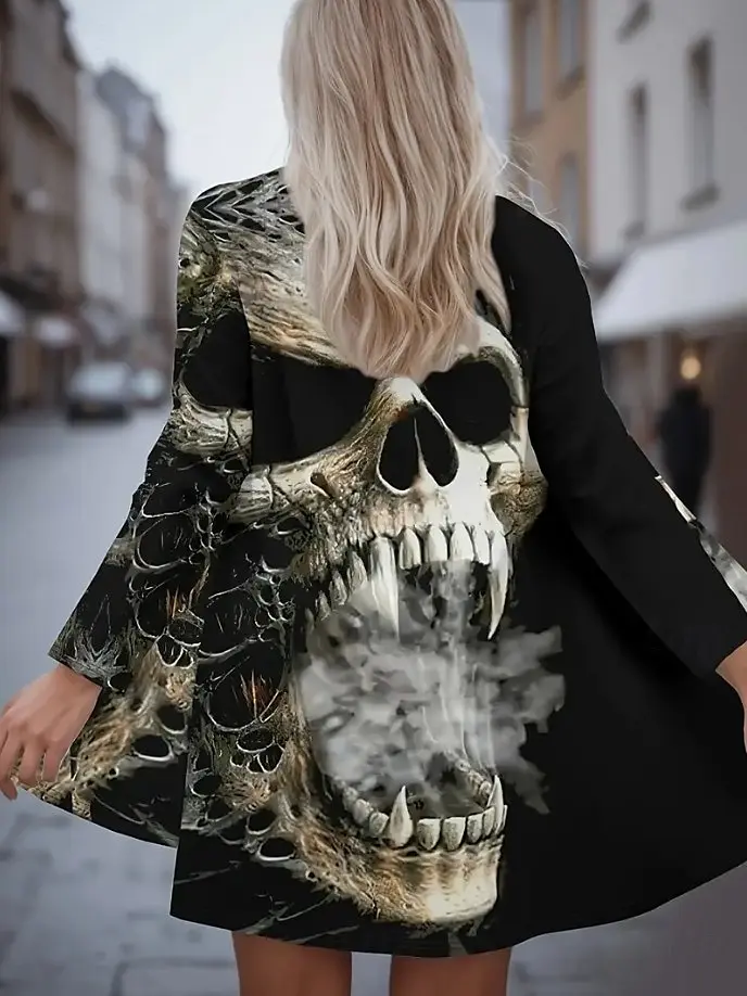 ハロウィン レディース 3D プリント スカル 長袖カーディガン、ポリエステル オープンフロント、軽量カバーアップ、秋カジュアルコート