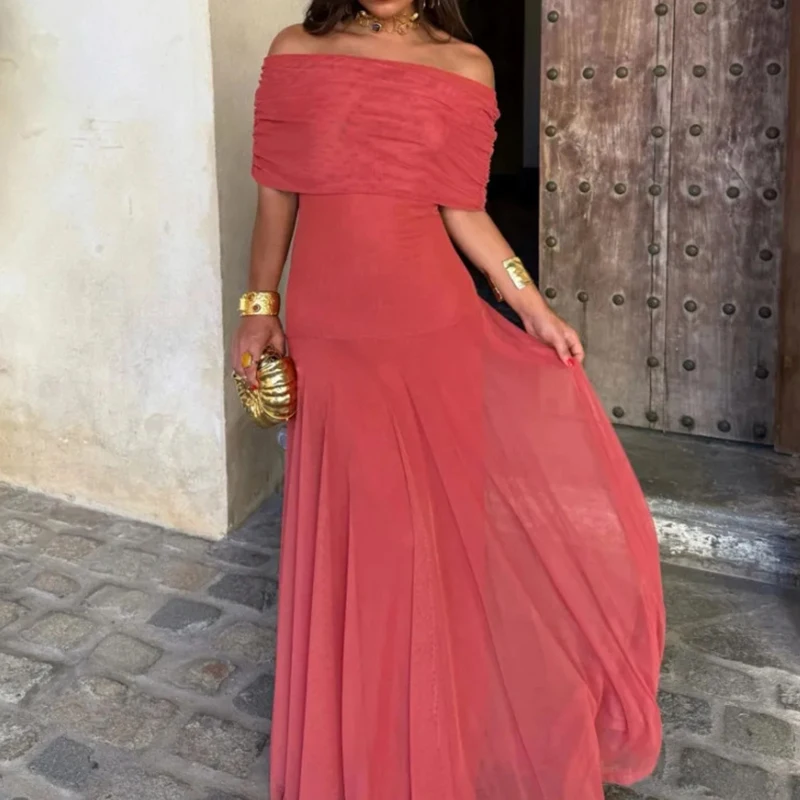 Slash Hals Sexy Backless Slim Fit Maxi Jurk Vrouwen 2025, Lente Herfst Uit De Schouder Effen Elegante Mode Dames Feestjurk