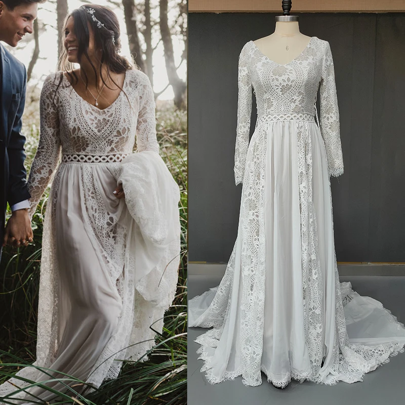 Hippie Boho Beach Elopement Backless Wedding Dress Chiffon Customized Long Sleeves Big Size Photoshoot V Neck Lace Bridal Gown