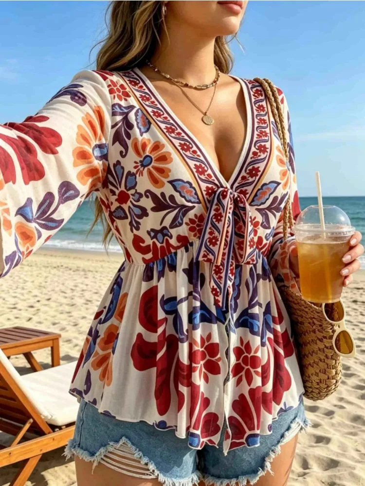 New Fashion V Neck Printed Cover Up Vacation Summer Plus Size Women's Blouse Beach Flare Sleeve Mesh Semi-sheer Loose Fit Shirt view 2