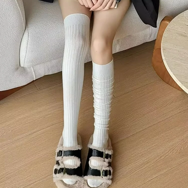Зимние однотонные чулки до бедра для женщин, модные повседневные женские длинные носки выше колена, теплые хлопковые леггинсы-трубы