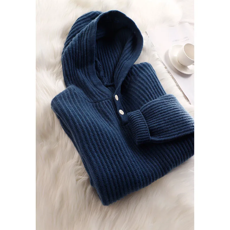 Hooded cashmere sweater women pullover loose jacket spring and autumn pure wool hoodie knitted casual base with hoodie