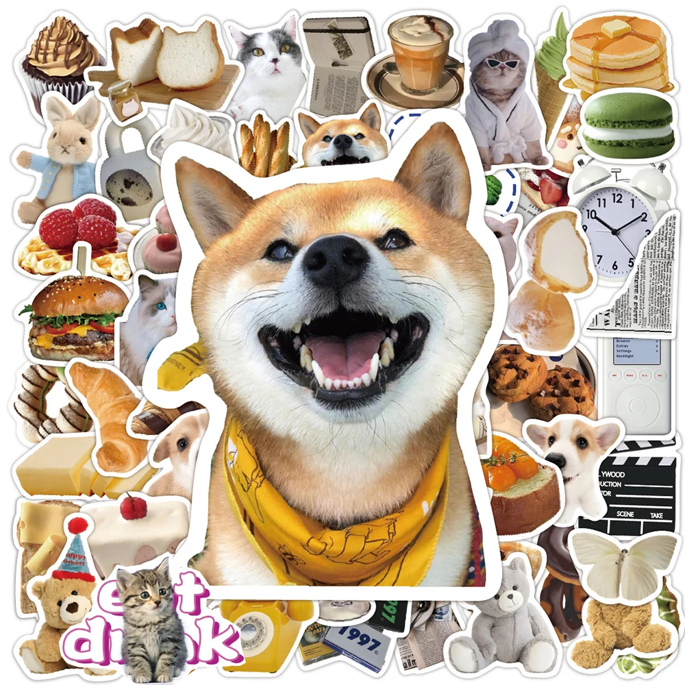 10/30/50pcs Funny Cat Animal Stickers Food Cartoon Sticker Diary Motorcycle Phone Notebook Car Decoration Stationery Decals Toys