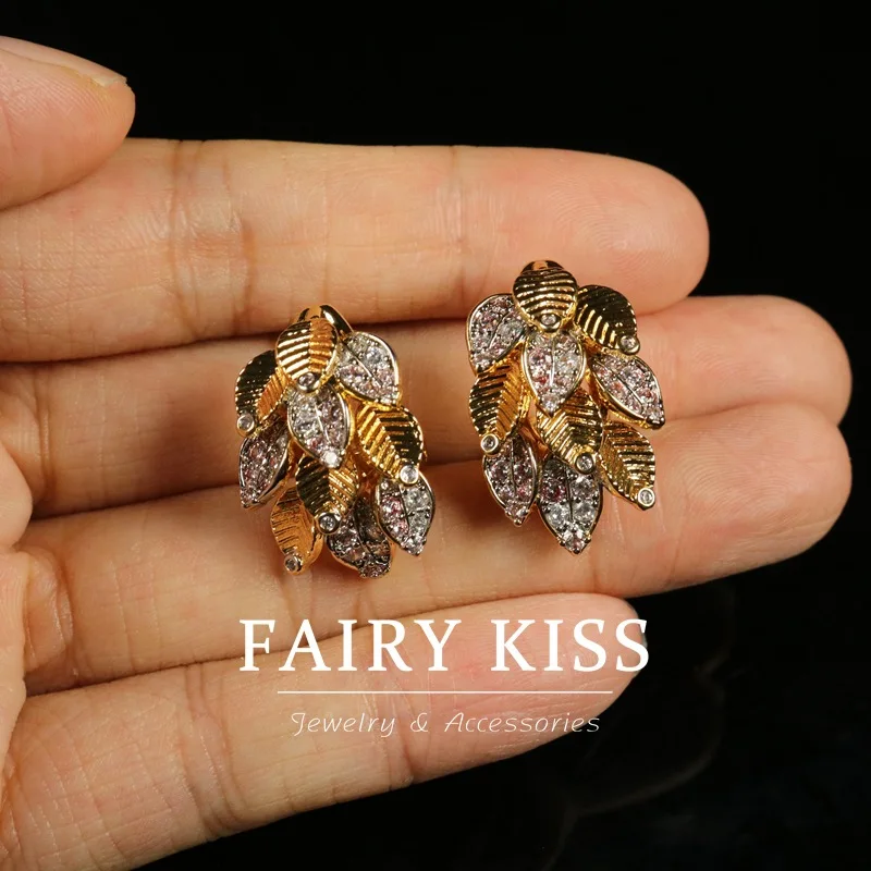 Medieval earrings copper wax inlaid  zircons three-dimensional leaf exquisite elegant earrings versatile fashionable earrings