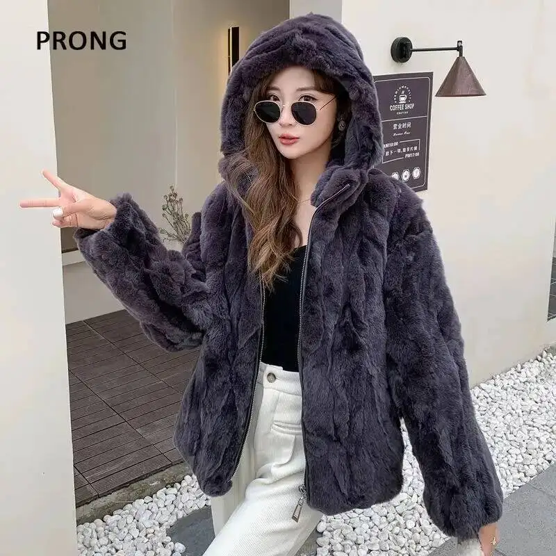100% abrigo de piel de conejo auténtica para mujer, chaqueta de piel Natural holgada con capucha y cremallera, ropa gruesa y cálida para mujer, prendas de vestir exteriores peludas para mujer