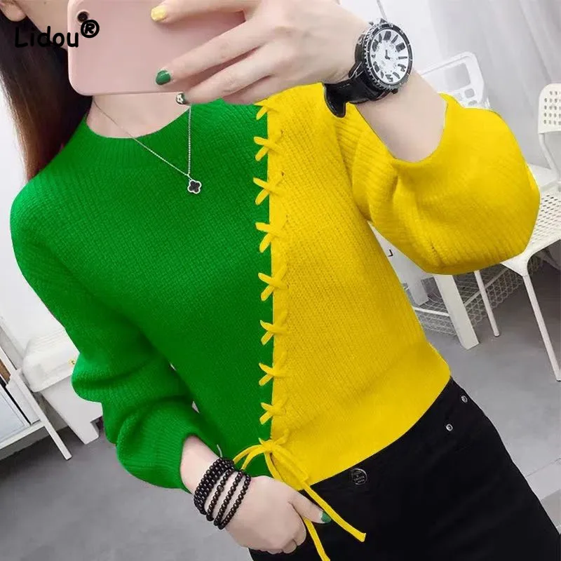 Autumn Winter Fashion Trend Lace Up Spliced Round Neck Sweaters Women\'s Clothing Korean Long Sleeve Contrast Color Knitted Tops