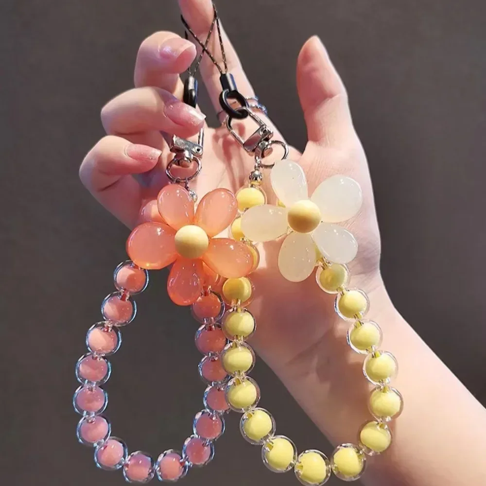 Colored bead petal Lanyard For IPhone Anti-Lost Bracelet For Huawei Mobile Phone Case Wrist Strap Car Keychain Cute Phone Charm