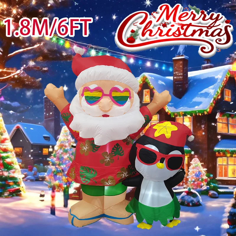 

Christmas Decorations Hawaii Santa Penguin 1.8M/6FT Inflatable Toys Built-in LED Lights Model Party Xmas Holiday Decor Ornaments