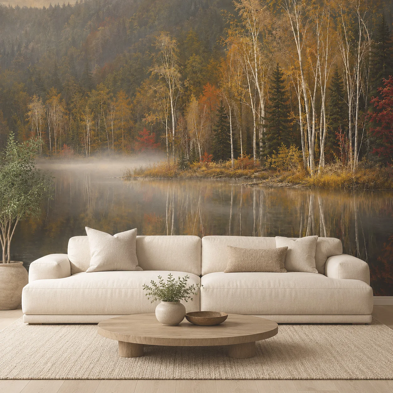 Misty Autumn Birch Forest Lake Wallpaper Mural Golden Trees Nature Wall Decor Living Room Bedroom Non Self Adhesive