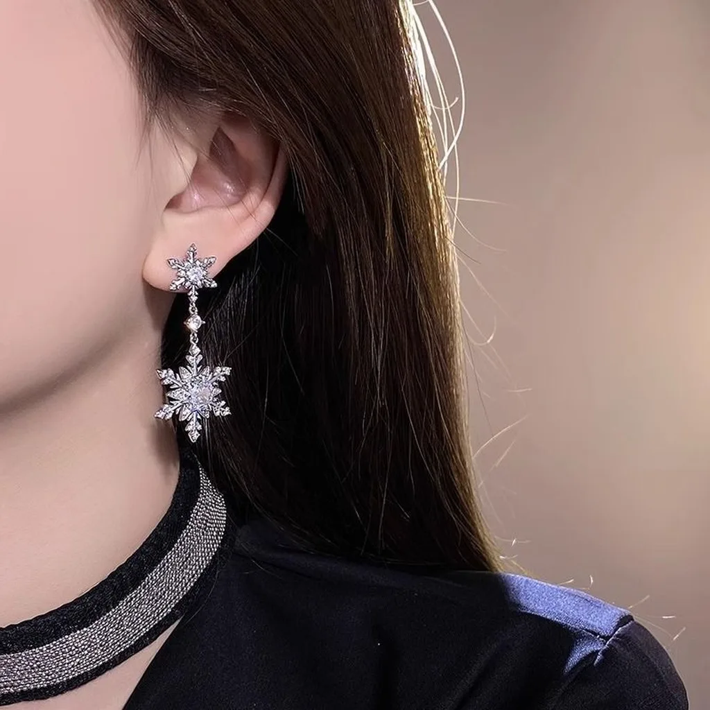 Silver Post Earrings Dynamic Snowflake Drop Earrings Double Snowflake Earrings Translucent For Autumn Winter Wear Holiday