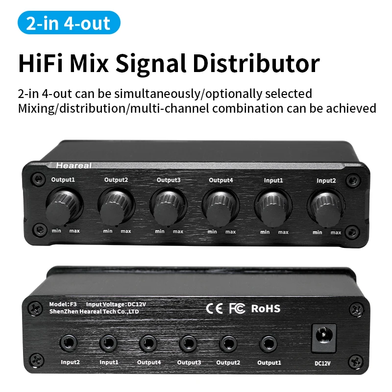 Aluminum 2 in 4 Out Stereo Audio Mixer Splitter with Independent Volume Control, 3.5mm Headphone Amplifier Box for DJ Studio