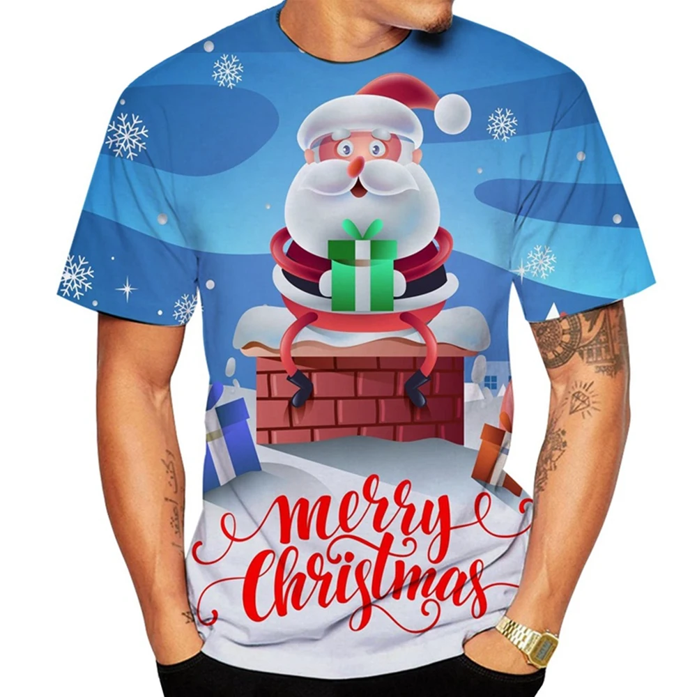 

Cartoon Santa Claus Print Men's T Shirt Casual O-neck Short Sleeve Loose Tops Fashion New Year X'mas Clothing Christmas Gift Tee