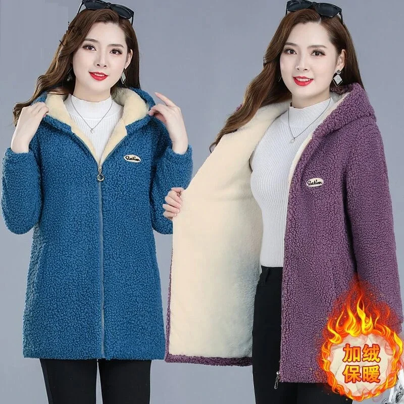 Lamb Wool Cotton Coat Jacket  Mid Length Winter Coat for Middle-aged and Elderly Women Thicken Warm Parka Coats Large Size