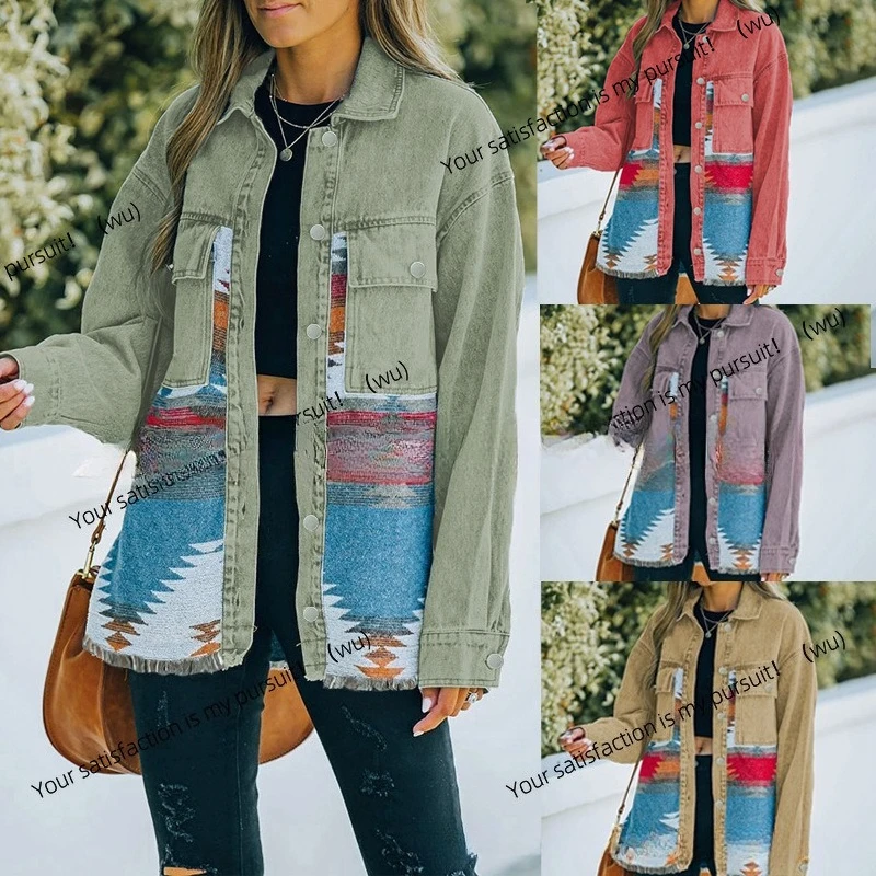 Jaket wol denim Eropa dan Amerika dengan potongan retro, tepi kasar, panjang sedang untuk wanita.