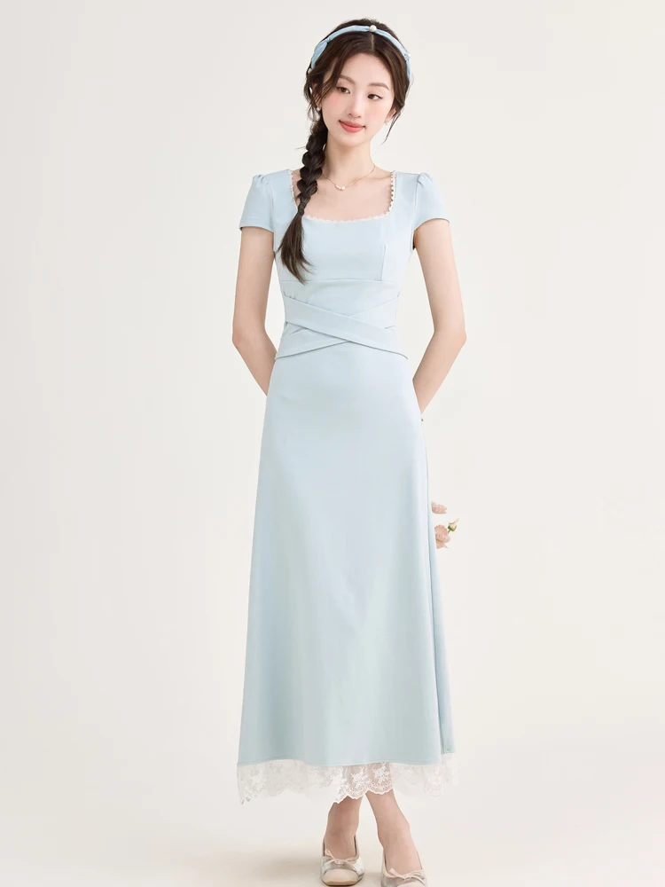 Zomer blauwe bodycon bandage lange jurk vrouwen korte mouw vierkante kraag chique kant lange jurk 2025, Koreaanse vintage luxe vestidos