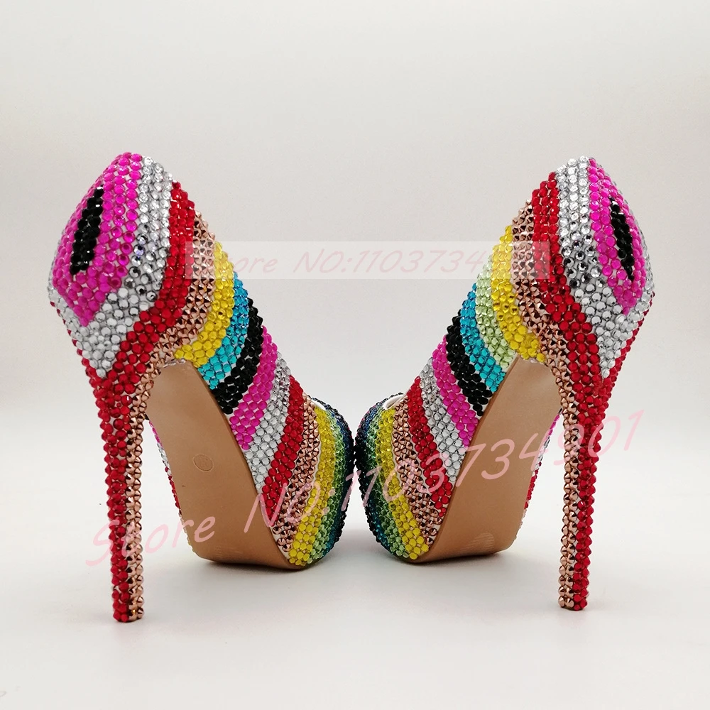 Crystals Rainbow Mixed Colors Platform Pumps Women Sexy Round Toe Stiletto High Heels Shoes Wedding Rhinestone-Covered Pumps
