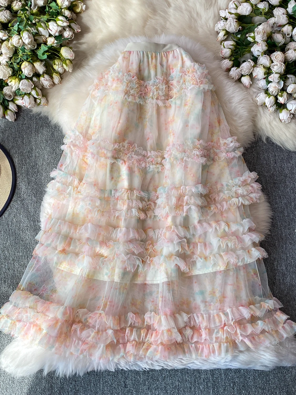 Unique Beautiful  Design Lace Cake Skirt High Waist Fairy Style Women's Summer Sweet Youthful Long Skirt City Commute