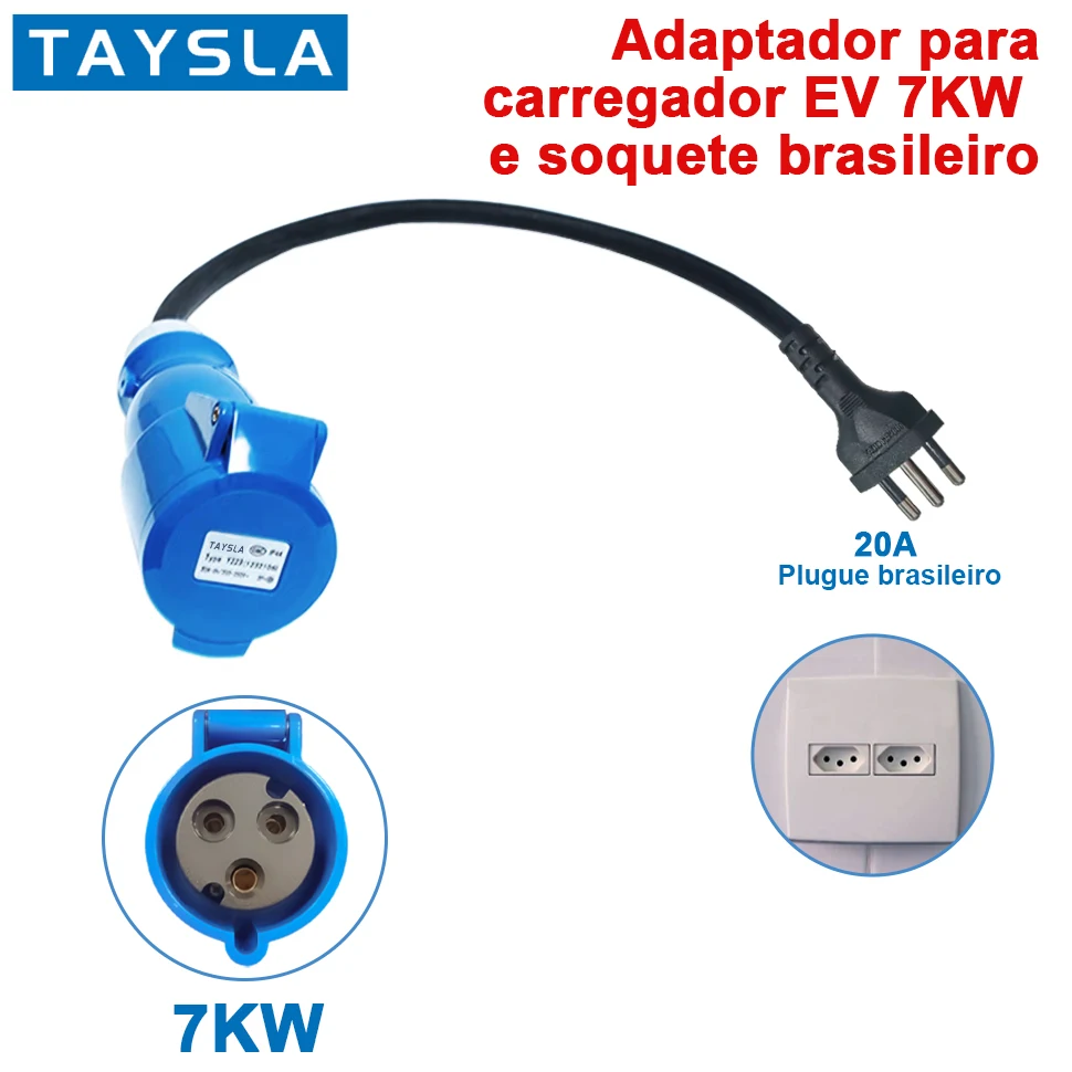 Adaptador de plugue fêmea, soquete brasileiro de 3 pinos, conector para 7KW EV Charger, 32A a 10A, 20A, 7KW a 3.5KW