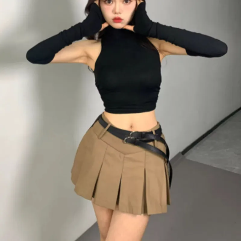 セクシーでスパイシーなショートノースリーブトップ、ハイカラー、プリーツデザイン、袖カバー付き、長袖、スリムフィット、肩出しベースシャツ