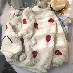 Design Sense nicchia industria pesante maglione di lana di agnello da donna stile sciolto e pigro inverno nuovo maglione alla fragola