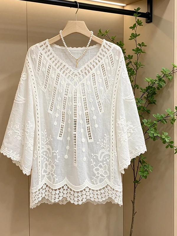 

Summer 2026 New V-neck Lace Hook Hollow Batwing Sleeve plus Size Outerwear Cover-up Shirt Korean Style Loose Breathable Top
