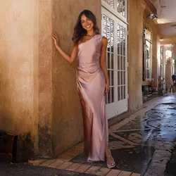ICCLEK Slim Fit One Shoulder Split Satin Dress In Pink Bridesmaid Wedding Party Dress Maxi Dress Vestidos Verano Moda 2024