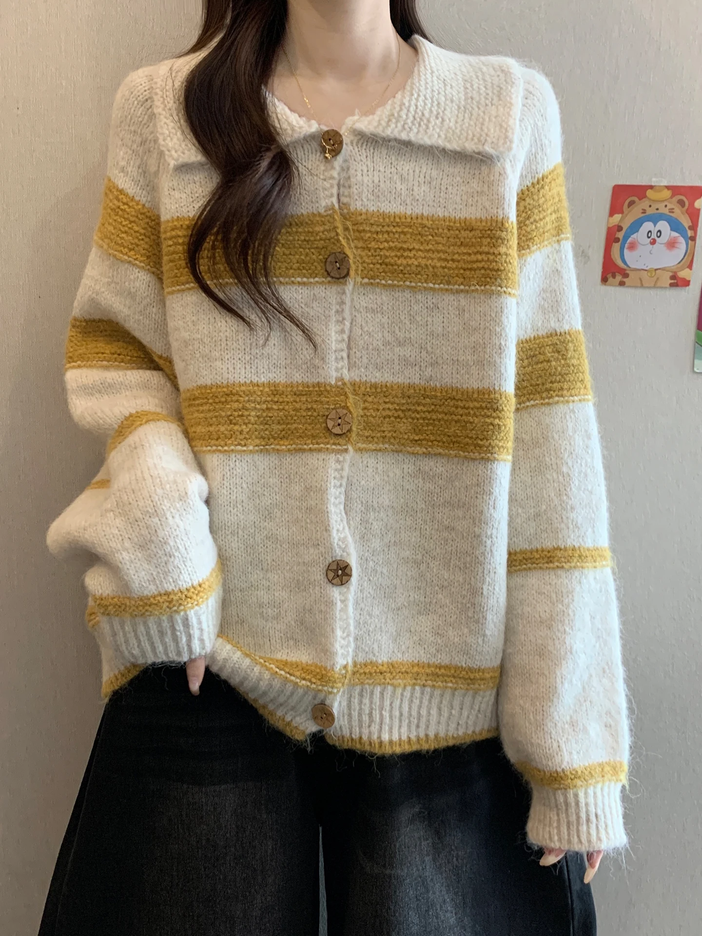 

Women's Collar Knitted Open Cardigan Sweater Striped Regular Fit Long Sve Autumn Winter plus Size Korean Sle Lazy H...