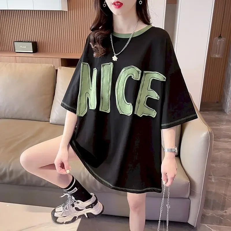 Fashion Letter Patch T Shirts Women Casual Loose Short Sleeve Tops Summer Trend Oversized T-shirt Mid-length Tshirt Y2k Clothes