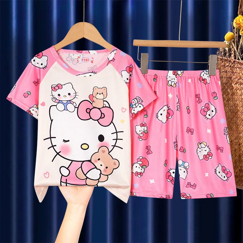 2024 Cute Anime Summer Children's Pajamas Melody Cinnamoroll Kuromi Pochacco Kids Milk Silk Sleepwear Girl Boy Pijamas Sets Gift