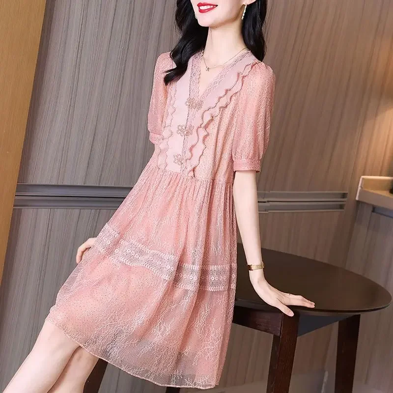 

Elegant V-Neck Spliced Beading Lace Ruffles Midi Dress Women's Clothing Summer New Oversized Office Lady Princess Dress A145