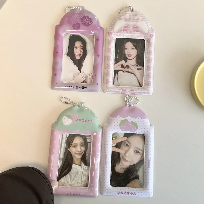 Cute Polka Dot Strawberry 3 Inch Photo PVC Card Holder Kpop Photocard Storage Display Case Sweet Student Transit Card Protector