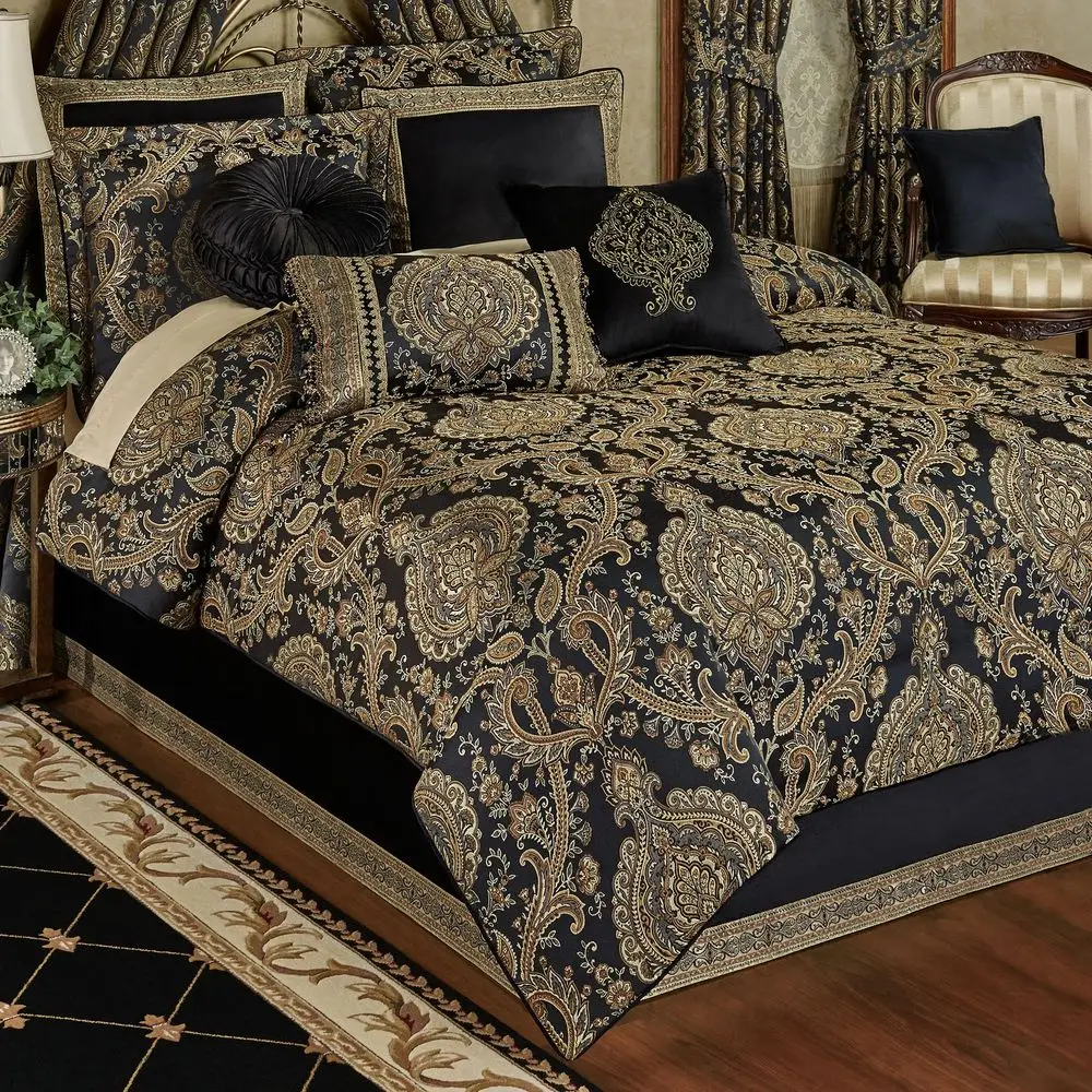 

Traditional Luxury Bedding Elegant TapestryStyle Woven Medallions Neutral, Black, amp Metallic Gold Hues 4 Piece Bed Set Oversi