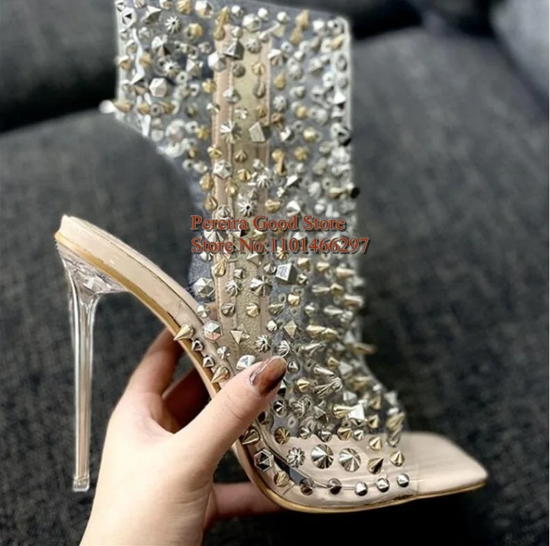 Clear Transparent PVC Studded Rivets Square Toe Shoes Stiletto High Heels Patchwork Women Party Shoes Cutouts Spikes Pumps