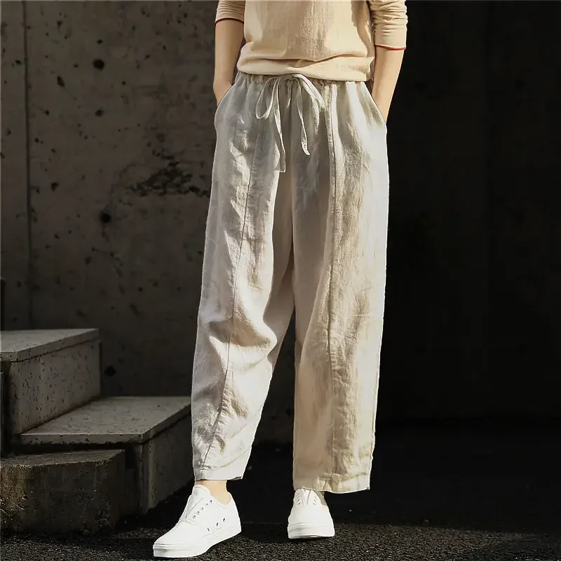 

Summer Casual Thin Trousers Women Cotton Linen Solid Color Pockets Drawstring Pants Ladies Simple Street Elastic Waist Pants