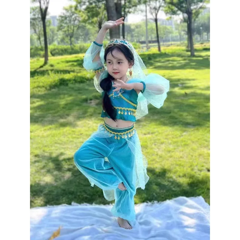 カスタマイズされた子供のインドダンスパフォーマンス衣装エキゾチックガールベリーダンス衣装ブルートップパンツ袖帽子