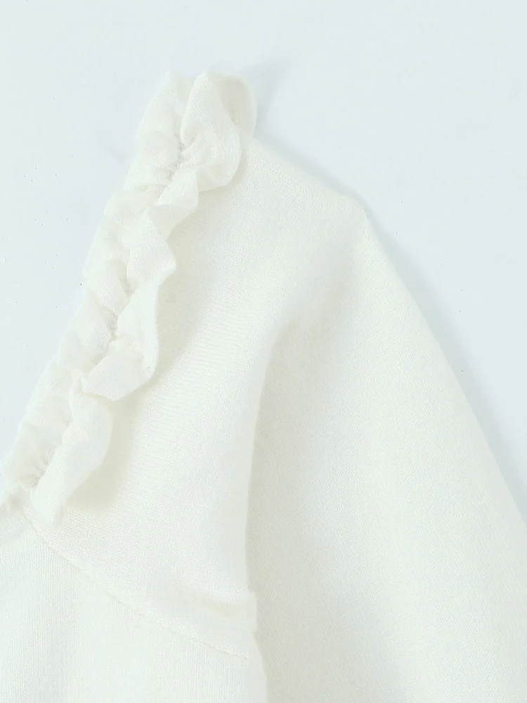 ملابس نسائية جديدة على الطراز الأوروبي، عصرية ومتعددة الاستخدامات، خط عنق مكشكش أنيق، سترة متماسكة مضلعة بخصر ربط.