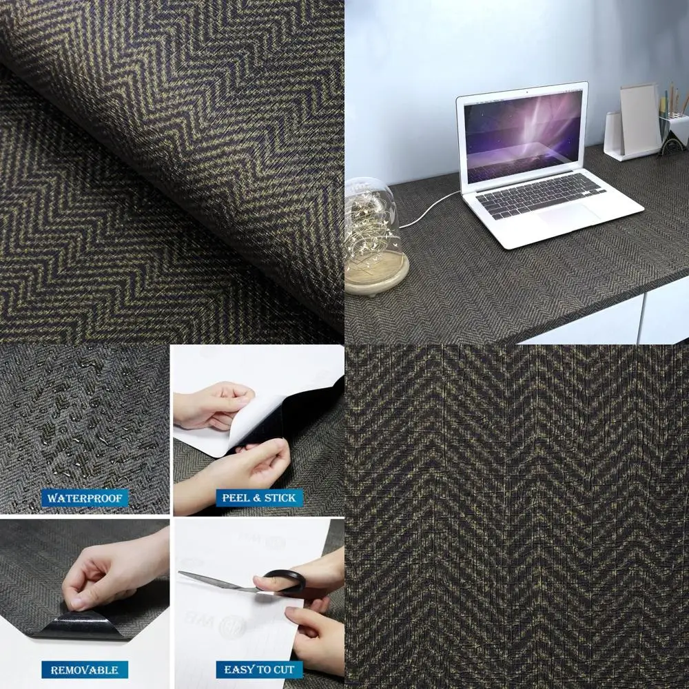 FunStick 24x394 قماش عشبي أسود وذهبي قابل للتقشير واللصق ورق جدران أسود مزخرف للخزائن من الكتان القابل للإزالة