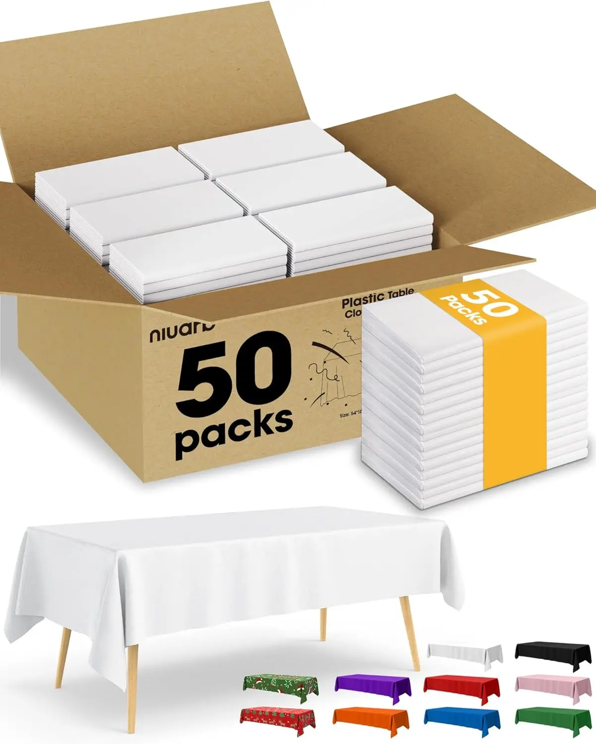 

50 Pack 54x108 Inch Disposable Plastic Tablecloths, Waterproof for Parties & Gatherings