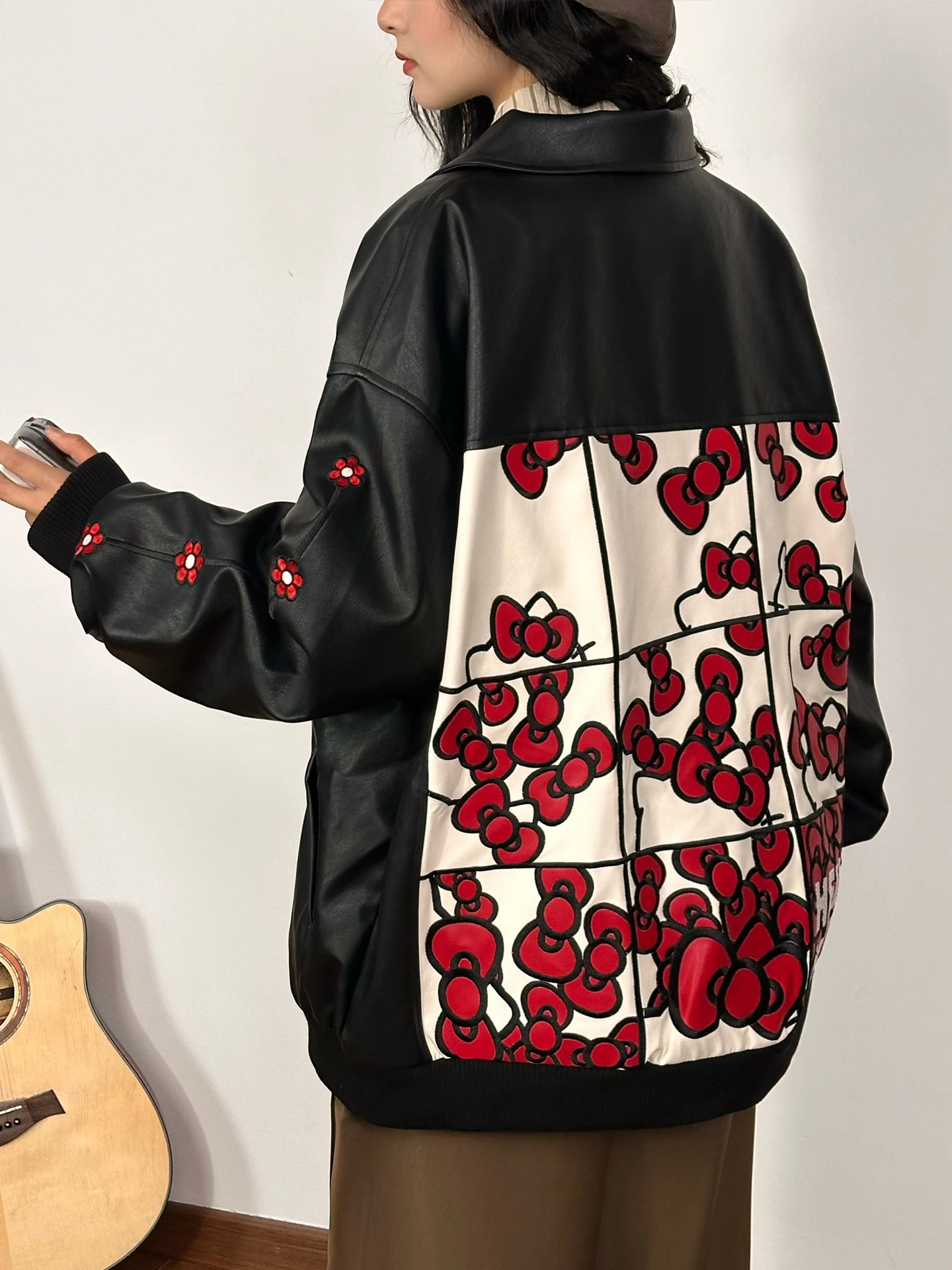 Original americano retro dos desenhos animados hellokit bordado couro jaet feminino solto topo rua sle couro do plutônio longo sve casaco