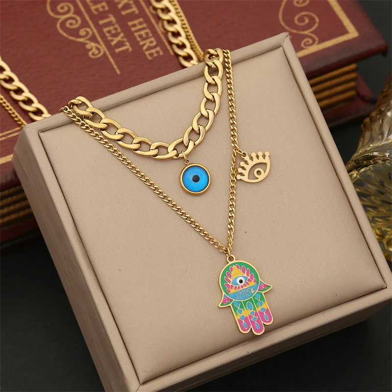 316L Stainless Steel New Fashion Fine Jewelry Colorful Paintings Eyes Palm Charm Chain Necklaces Bracelets Earrings For Women