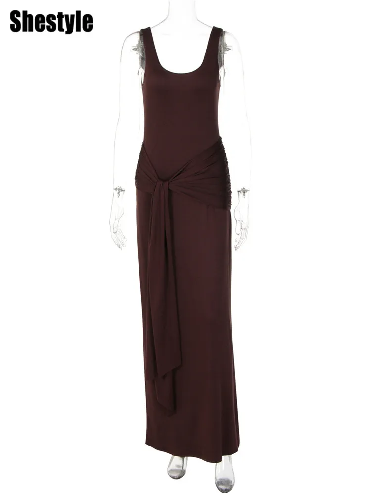 Shestyle-Vestido largo marrón liso para mujer, sin mangas, ropa de moda de primavera 2026, cuello en U, vendaje, tendencia, nuevo diseño, prendas de vestir elásticas